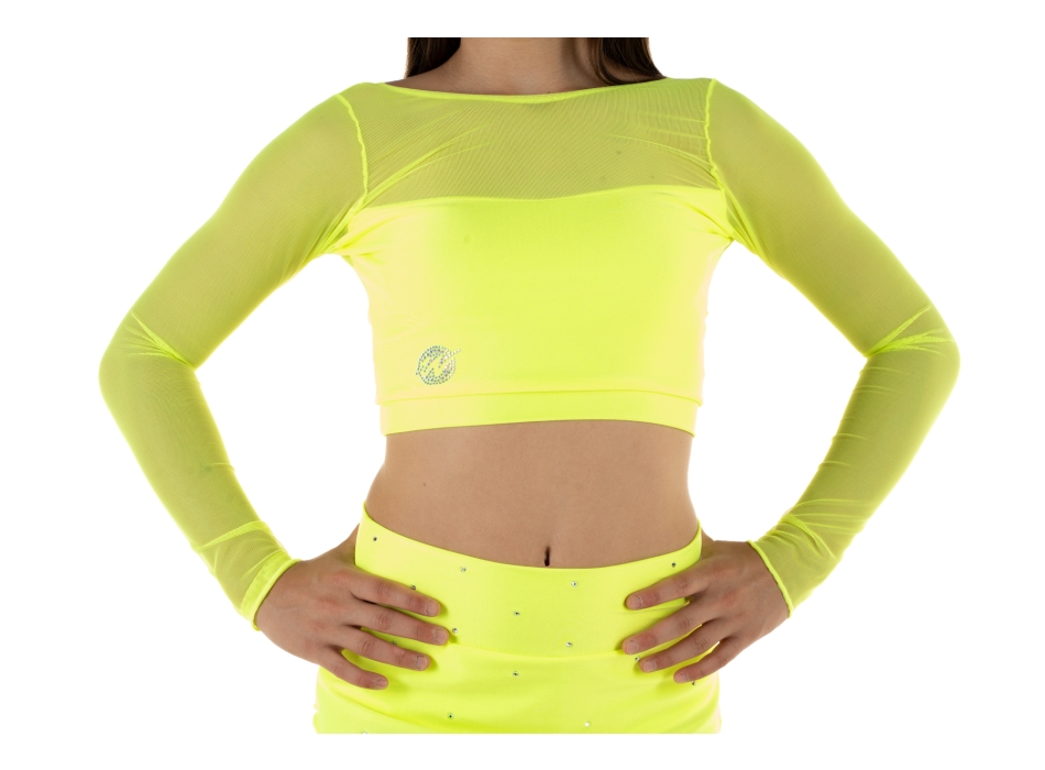 Crop top sportivo Wave in lycra e rete per bambina Giallo Fluo