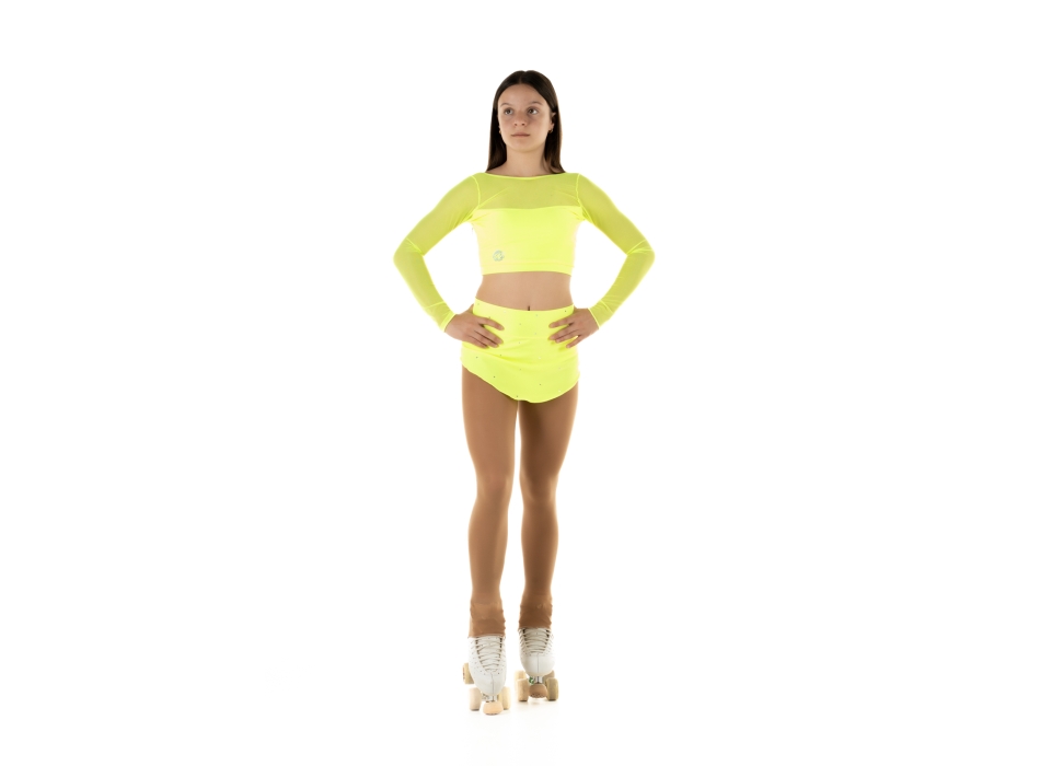 Crop top sportivo Wave in lycra e rete per bambina Giallo Fluo