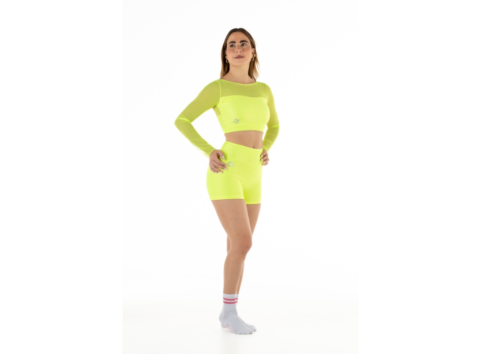 Crop top sportivo Wave in lycra e rete per Donna Giallo Fluo