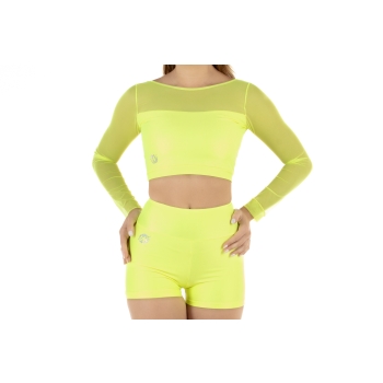 Crop top sportivo Wave in lycra e rete per Donna Giallo Fluo