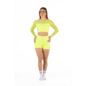 Crop top sportivo Wave in lycra e rete per Donna Giallo Fluo